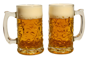 Two Full Beer Mugs with Foam on Top, Isolated on Transparent and White Background