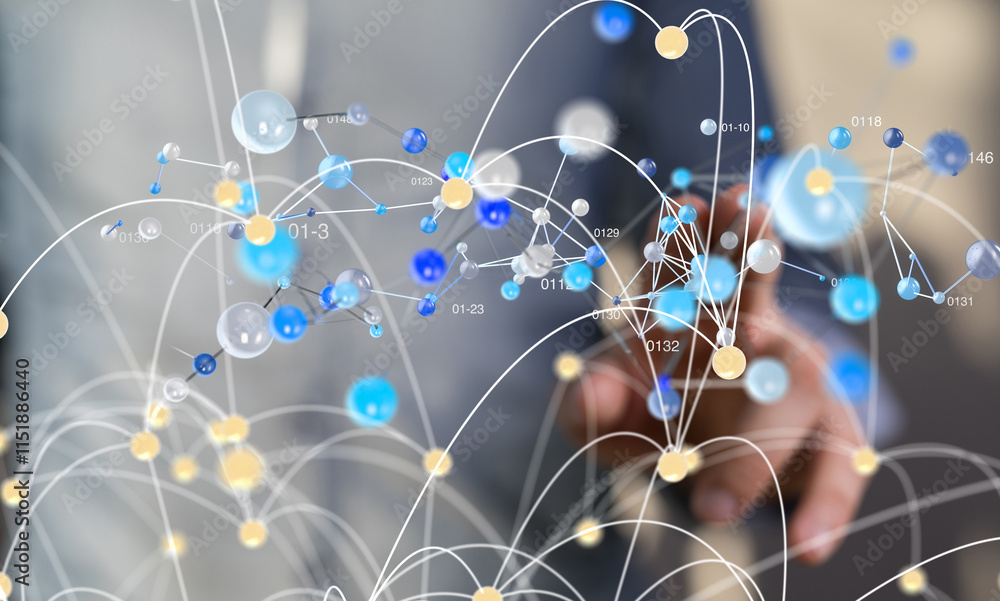 Poster Neural network concept. Connected cells with links.