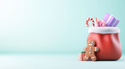 A festive red sack filled with colorful gifts, candy canes, and a gingerbread cookie, set against a soft mint background.