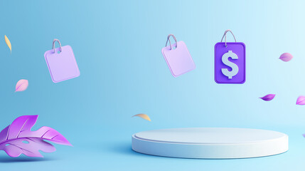 A colorful digital display featuring shopping bags and a dollar sign, set against a blue background, suggesting online shopping and commerce.
