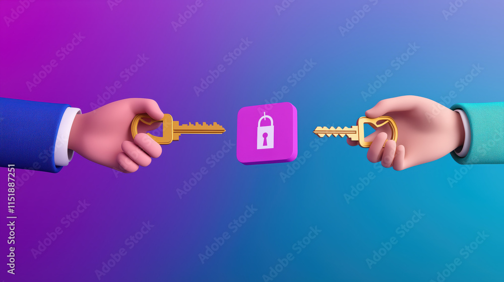 Poster two hands exchange keys over a padlock icon, symbolizing security and access control with a vibrant 