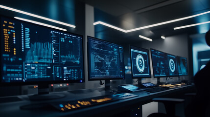 High-Tech Supercomputer with Multiple Screens Displaying Complex Data Streams, Set in a Modern Minimalistic Data Center, Highlighting Efficiency and Power.