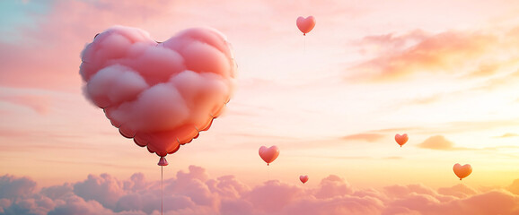 Fototapeta premium beautiful scene featuring pink heart shaped balloons floating in colorful sky at sunset, creating dreamy and romantic atmosphere