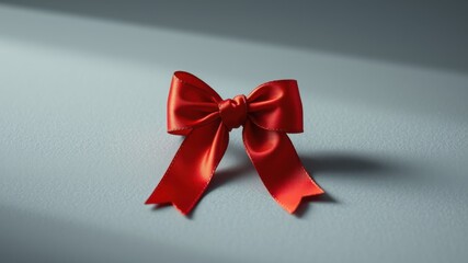 A vibrant red satin ribbon bow tied with a delicate flourish, casting a soft shadow on a textured gray surface.