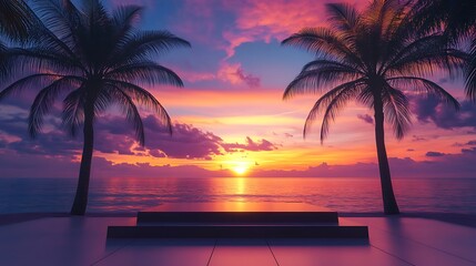 A sleek beauty podium framed by silhouetted palm trees, glowing under a vibrant ocean sunset.