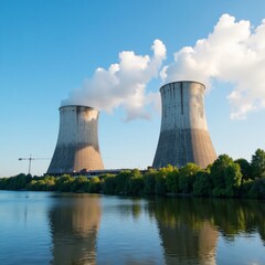 Azov River steam turbines in Zaporozhye power plant against blue sky background, river, Kyiv