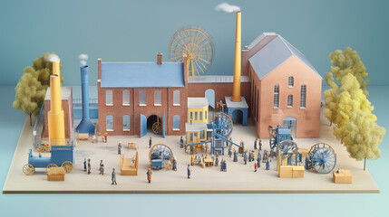 Fototapeta premium A detailed miniature model depicting a historical industrial scene with factories, machines, and workers, showcasing the essence of early industrialization.