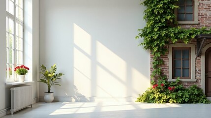 Bright sunlit room featuring a large window, potted plants, and a brick wall with climbing greenery