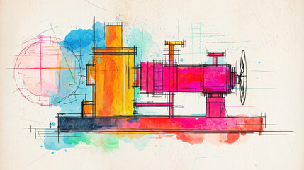 A vibrant, abstract illustration of a mechanical machine, blending colorful elements with technical sketches, showcasing creativity in design.
