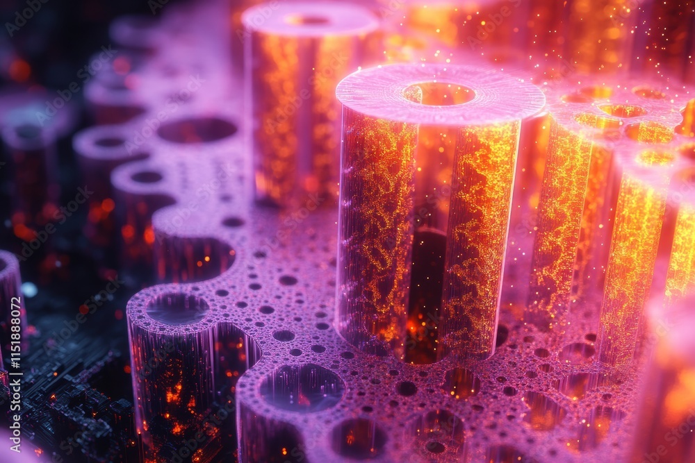 Poster fractal structures with glowing cylinders on a colorful background