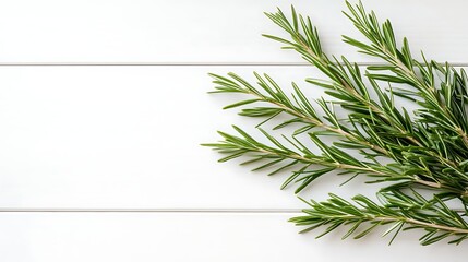 Fresh Rosemary Sprigs on White Wooden Background