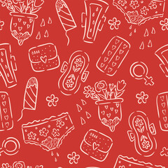 Seamless hand-drawn pattern on red background featuring menstrual care items.