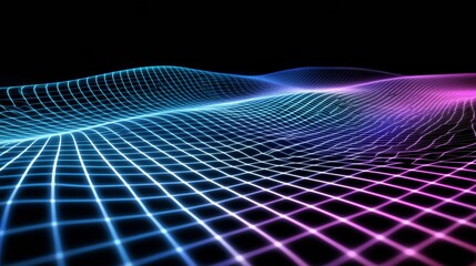 Abstract glowing waves in a grid pattern, rendered in neon blue and purple tones against a black backdrop, futuristic and tech-inspired design, high detail
