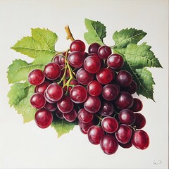 A watercolor painting depicting a bunch of red grapes with lush green leaves, capturing soft, vibrant hues.
