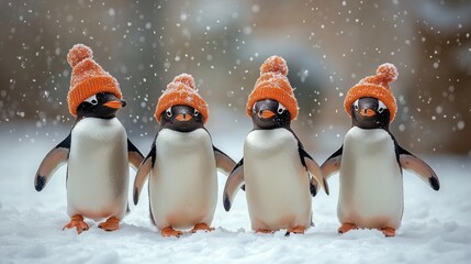 Four adorable penguins in orange knit hats waddle in the snow.