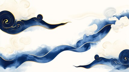 Chinese-inspired wind elements, vector illustration with simple lines, cloud pattern decoration, and a color scheme of blue and gold. The shape is a long, curved design with three elements on the same