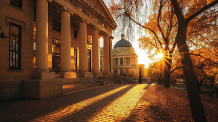 Obraz premium Courthouse Exterior at Sunset, Golden Sunlight Casting Long Shadows on Cobblestone Pathway. Detailed Architecture with Columns and Dome, Blurred Cityscape Background.