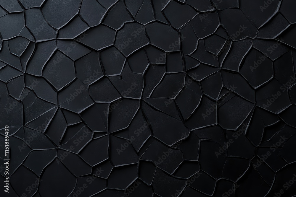 Poster textured black geometric surface with intricate patterns and shadows in a dark background