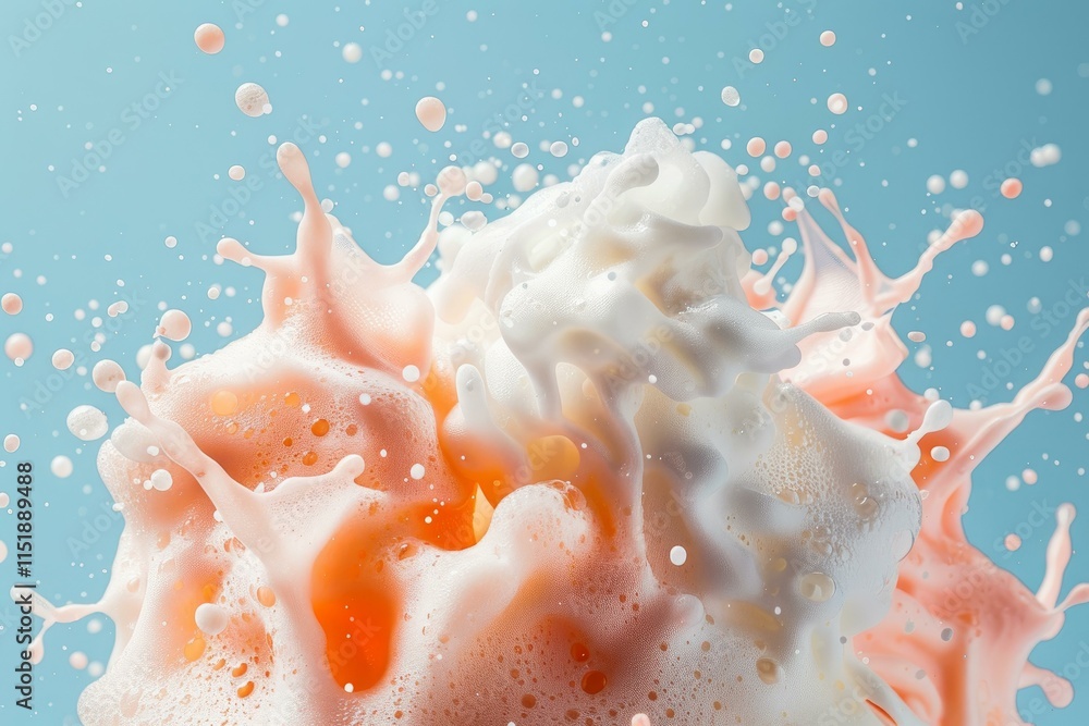 Poster orange and white foam exploding on a light blue background, creating a dynamic and colorful splash