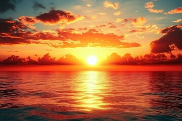 Breathtaking Sunset Over Calm Ocean Waters with Vibrant Colors and Dramatic Cloudscape Illuminating the Sky at Dusk