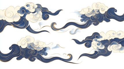 Chinese-inspired wind elements, vector illustration with simple lines, cloud pattern decoration, and a color scheme of blue and gold. The shape is a long, curved design with three elements on the same