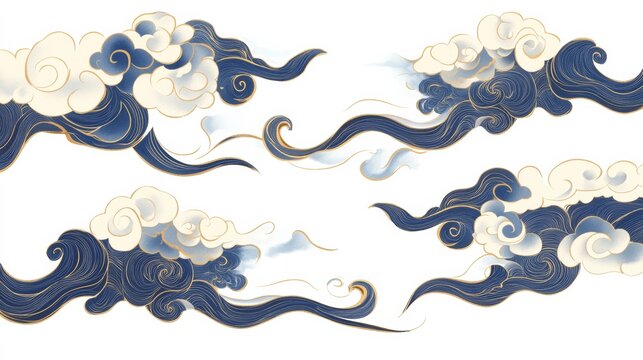 Chinese-inspired wind elements, vector illustration with simple lines, cloud pattern decoration, and a color scheme of blue and gold. The shape is a long, curved design with three elements on the same