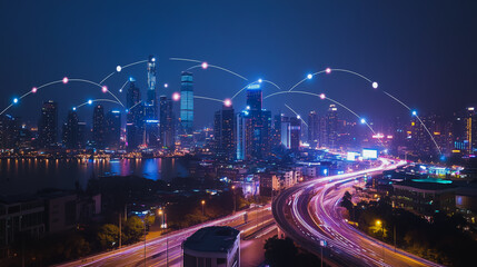 Fototapeta premium Abstract businesswoman stands on the peak of success Smart digital city with connection cyber security network reciprocity over the cityscape future wireless digital city and social media networking
