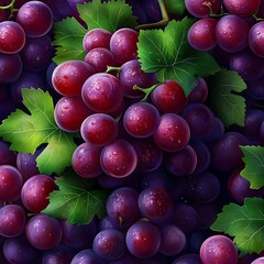 A detailed illustration of a cluster of red grapes with green leaves, arranged naturally against a dark background for striking contrast.

