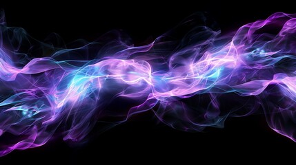 Obraz premium A digital wavy background with interconnected luminous curves in purple and cyan on a black base.