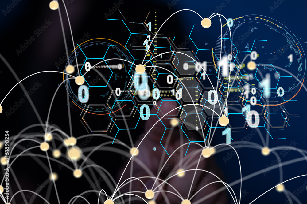 Poster Neural network 3D illustration. Big data and cybersecurity
