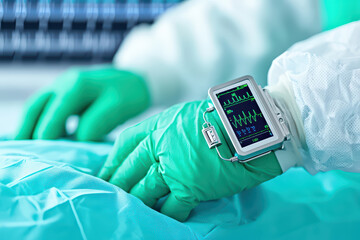 close up of medical professional hand wearing smartwatch displaying vital signs, emphasizing health monitoring in clinical setting