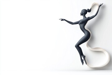 A minimalist design of a rhythmic gymnast holding a ribbon, with clean, flowing lines forming elegant loops on a white background