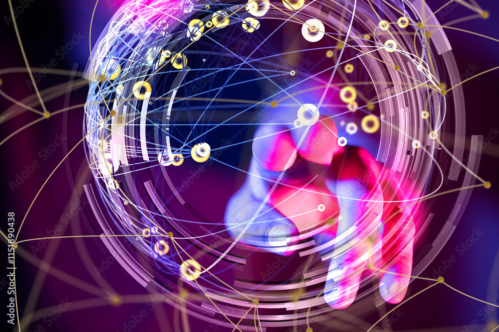 Poster Global network. Blockchain. 3D illustration. Neural networks and artificial intelligence. Abstract