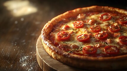 Delicious freshly baked pizza with cherry tomatoes on wooden board