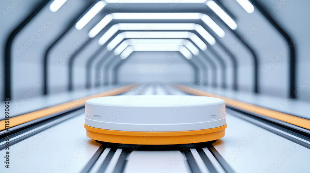 Poster close up of futuristic robotic device on sleek track in modern environment, showcasing advanced tech