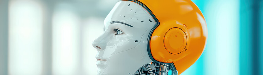 close up of futuristic robotic head with orange helmet, showcasing advanced technology and design