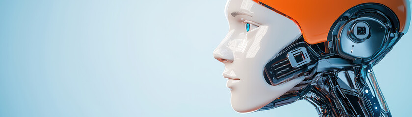Obraz premium close up of futuristic humanoid robot with orange helmet, showcasing advanced technology and sleek design