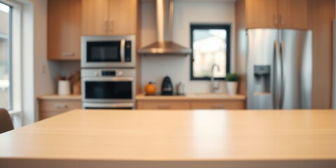 A Wooden Kitchen Countertop with a Blurred Background of a Modern Kitchen with Appliances and a Window