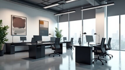 A cutting-edge office space with sleek desks, high-tech equipment, and minimalist decor for a professional yet comfortable environment