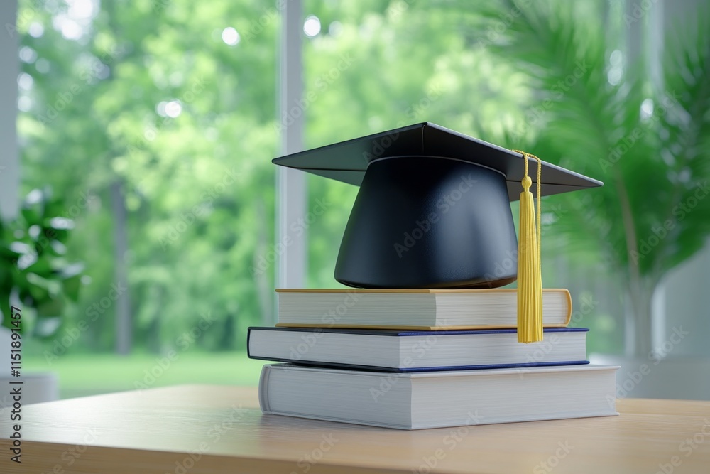 Poster A close-up of a graduation cap with a golden tassel, resting on a stack of books, surrounded by soft sunlight streaming through a window