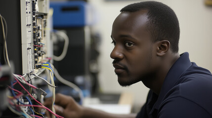 A Skilled Technician in a Tech Lab, Intently Troubleshooting a Complex System, Surrounded by Diverse Electronic Components and Cables, with a Slightly Blurred Background Highlighting Concentration.