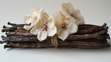 A decorative collection of tall, slender vanilla beans tied with a ribbon, complemented by a few soft flowers, creating a beautiful and fragrant arrangement.

