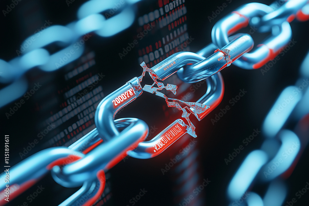 Poster broken chain link with futuristic design, featuring blue and red colors, symbolizes security and tec