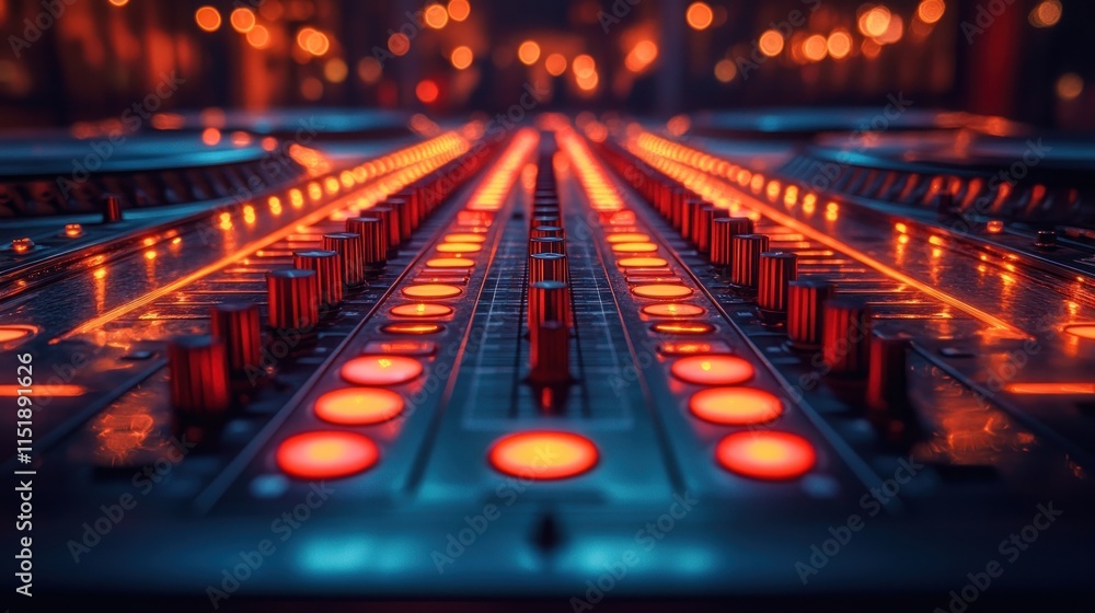 Poster Illuminated DJ mixer console with knobs and faders at night.