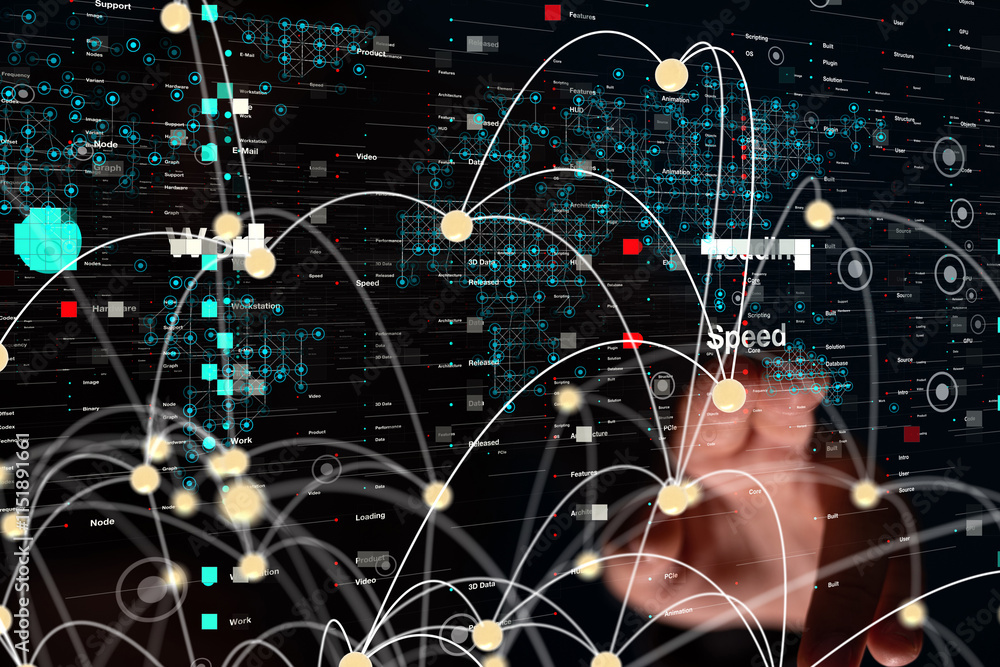 Poster Neural network 3D illustration. Big data and cybersecurity