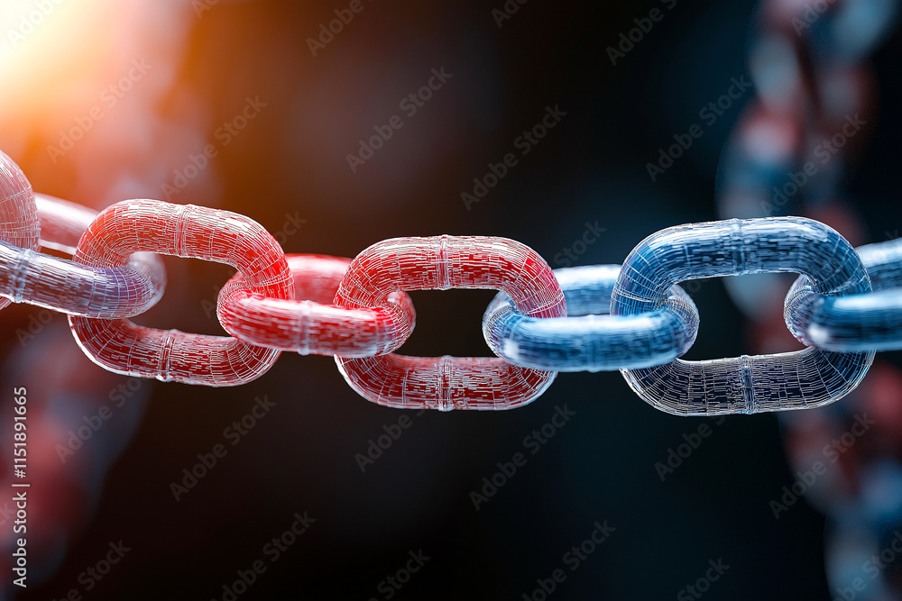 Poster detailed close up of chain featuring red and blue links, showcasing intricate textures and reflectio