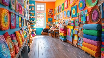 Colorful craft store filled with vibrant textiles and artistic decor.
