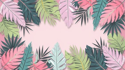 Colorful tropical leaves frame a blank center in a delicate design suitable for various creative projects