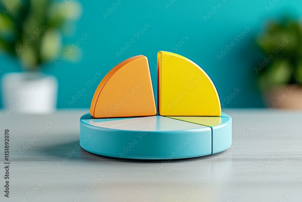 Poster A colorful 3D pie chart on a presentation slide, surrounded by data labels and bullet points, set in a modern meeting room