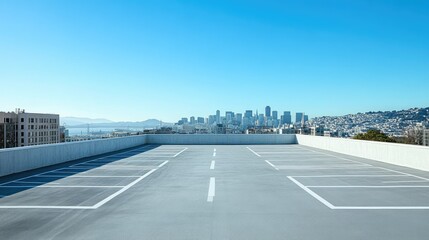Obraz premium A spacious rooftop parking lot with clean white lines, surrounded by a panoramic city skyline under a clear blue sky